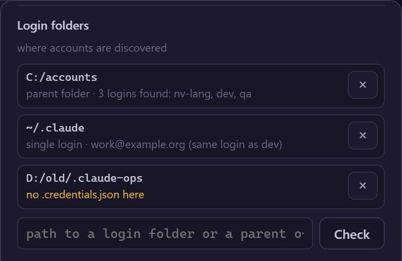 Раздел Login folders в настройках: папка с несколькими логинами, одиночный ~/.claude, каталог без кредов и поле для нового пути с кнопкой Check